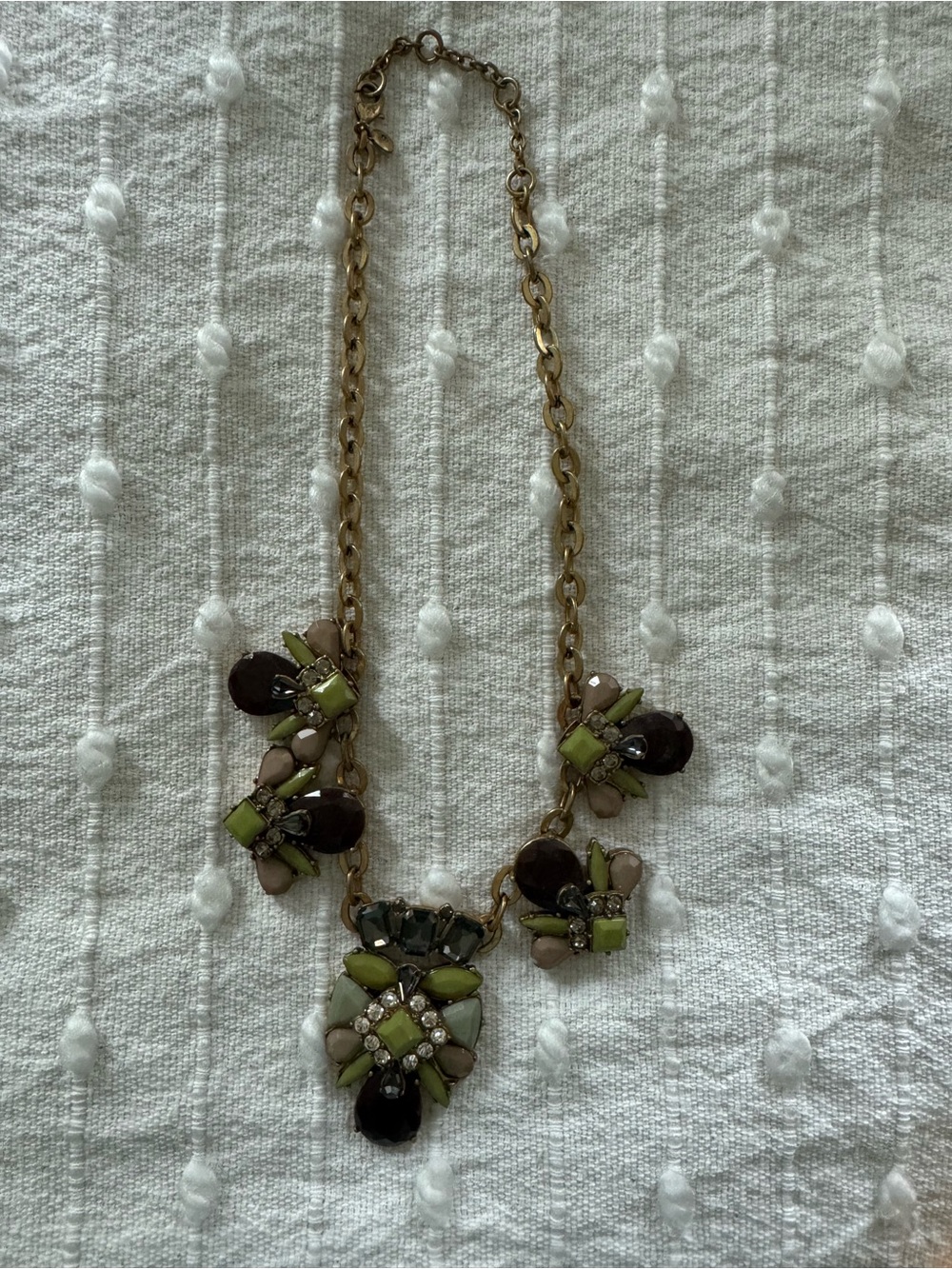 J Crew Green Brown Rhinestone Crystal Gold-Tone Statement Necklace Chain